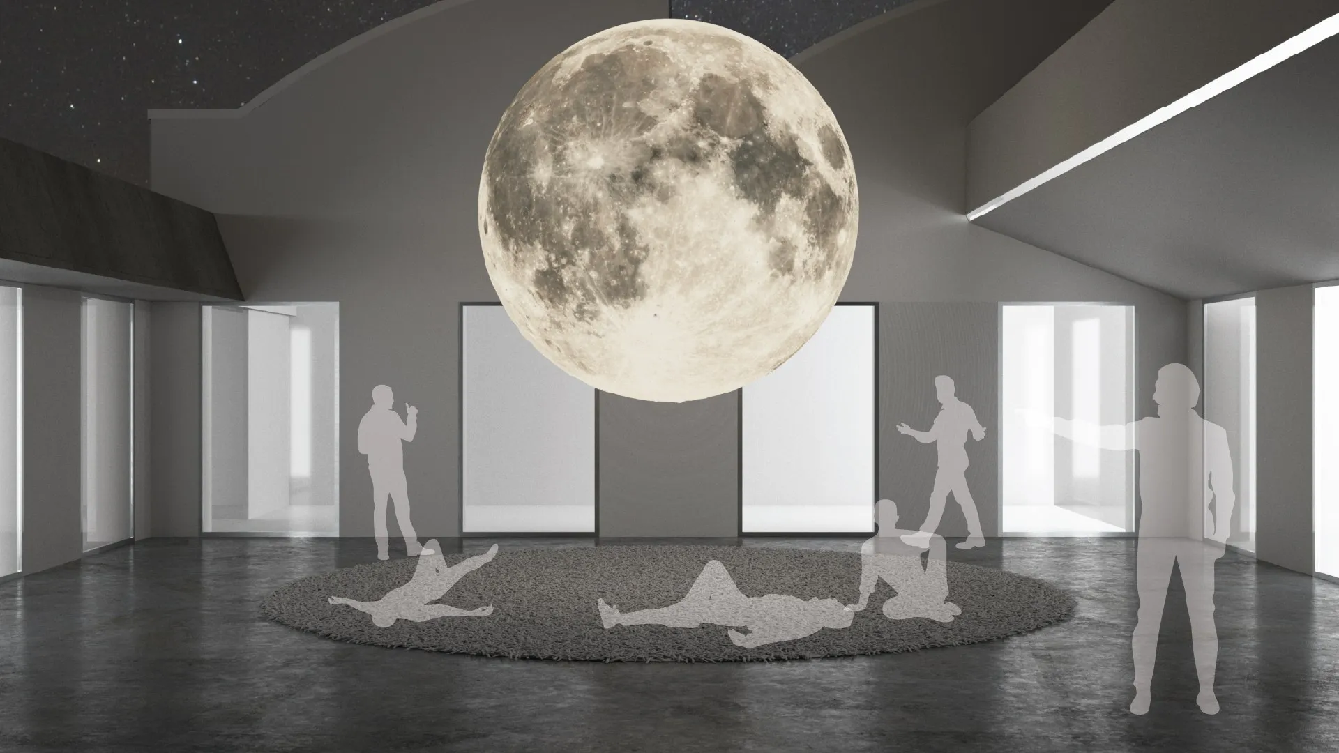 A vast moon suspended in a gallery hall as an installation, small figures for scale.