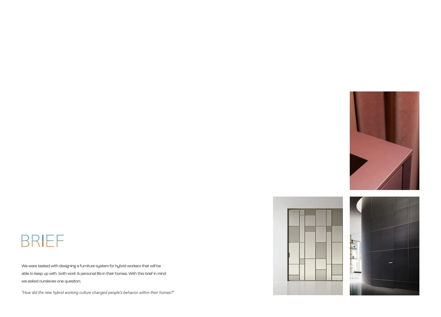 Research spread showing the hybrid-work brief alongside early material and colour studies.