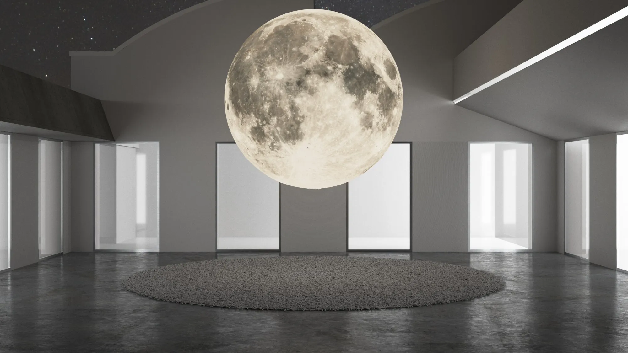 A large illuminated moon suspended in a minimal gallery hall with figures around it.