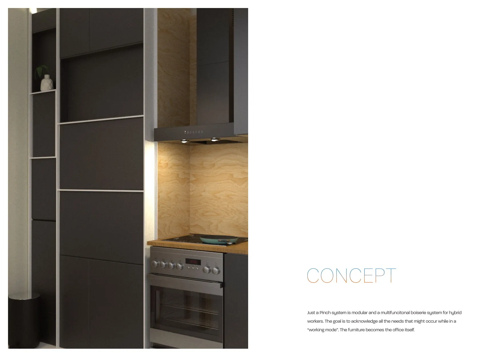 Dark Fenix boiserie fully opened into a working configuration with integrated surfaces.