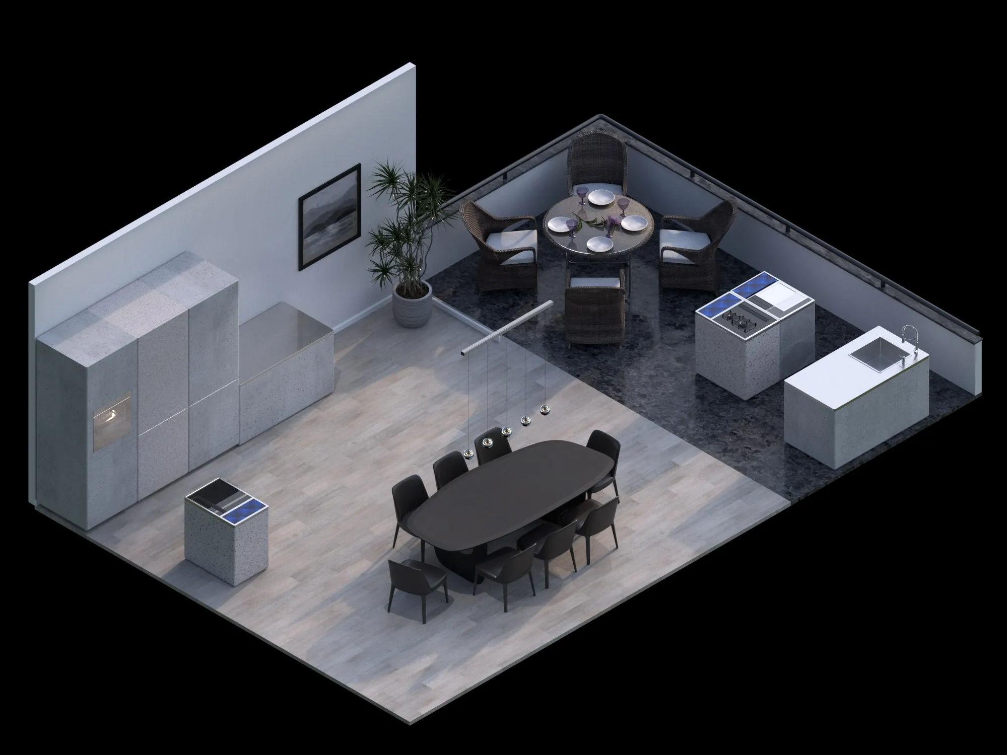 Isometric render of a LUNA kitchen room, dark and atmospheric.