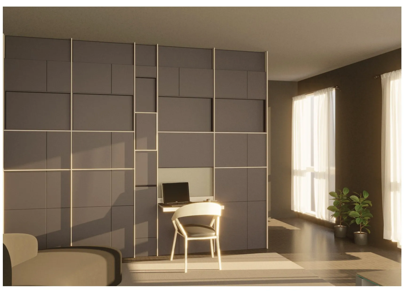 Living space with the boiserie open, a chair and laptop set up for work.
