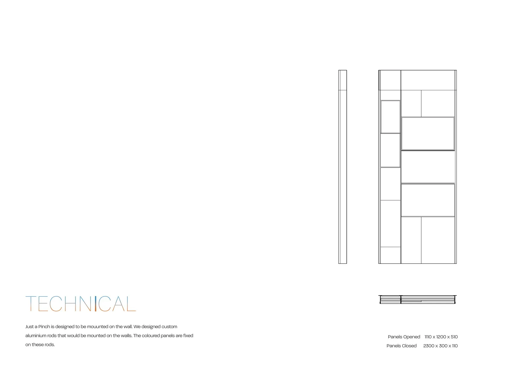 Technical drawing of Just a Pinch panels with opened and closed dimensions.