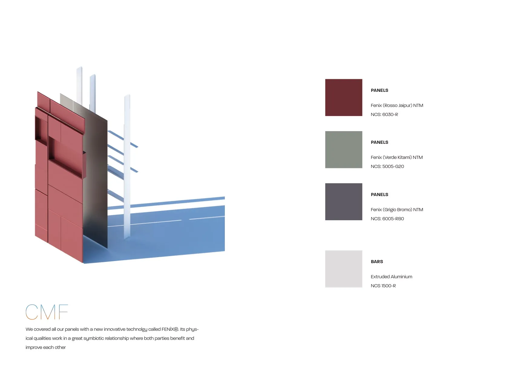 Colour-material-finish board: Fenix panels in Rosso Jaipur, Verde Kitami and Grigio Bromo with an aluminium bar.