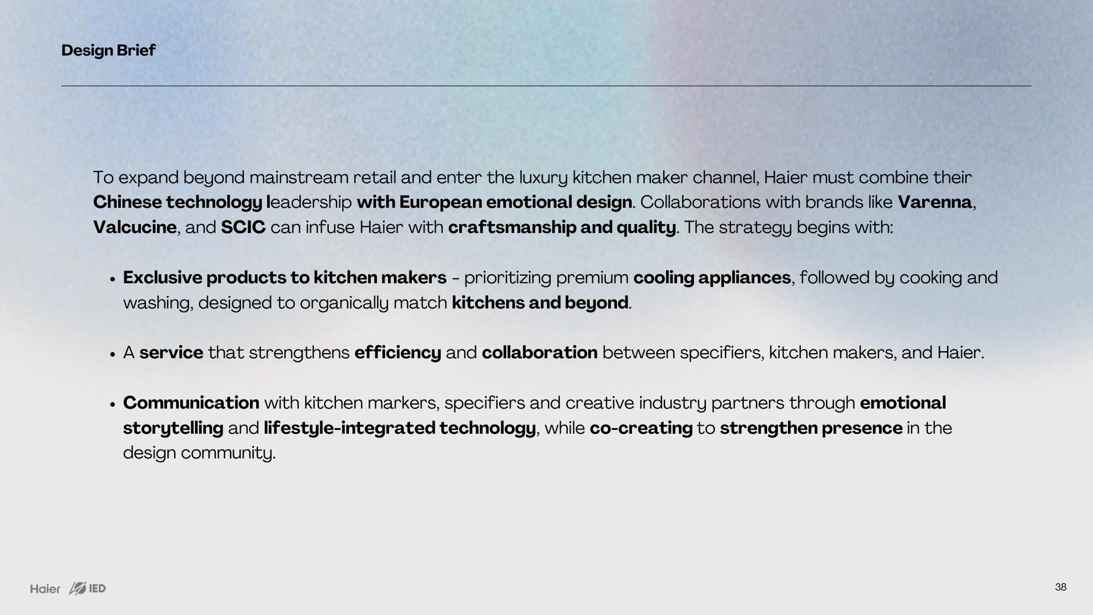 Design brief slide summarising the strategy into a concrete direction for Haier.